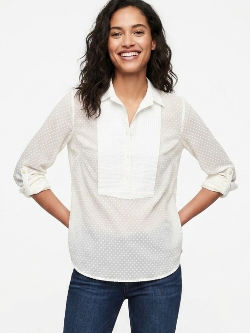 J. Crew White Swiss Dot Pintuck Popover Shirt